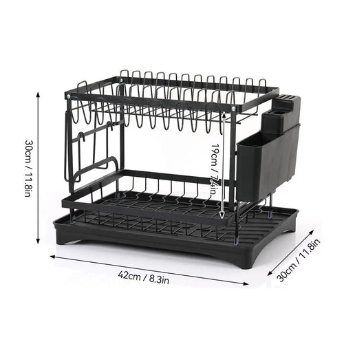 2-Tier Carbon Steel Dish Rack with Large Capacity - Double Layer Plate & Cup Drying Drainer, Cutlery Holder