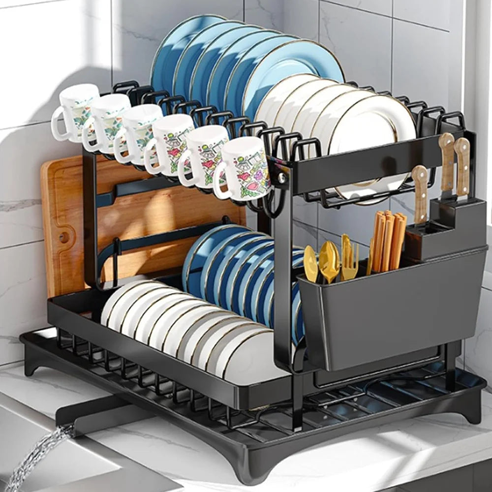 Sturdy 2-Tier Dish Drainer with Cutlery Holder & Drip Tray - Sleek Kitchen Sink Organizer