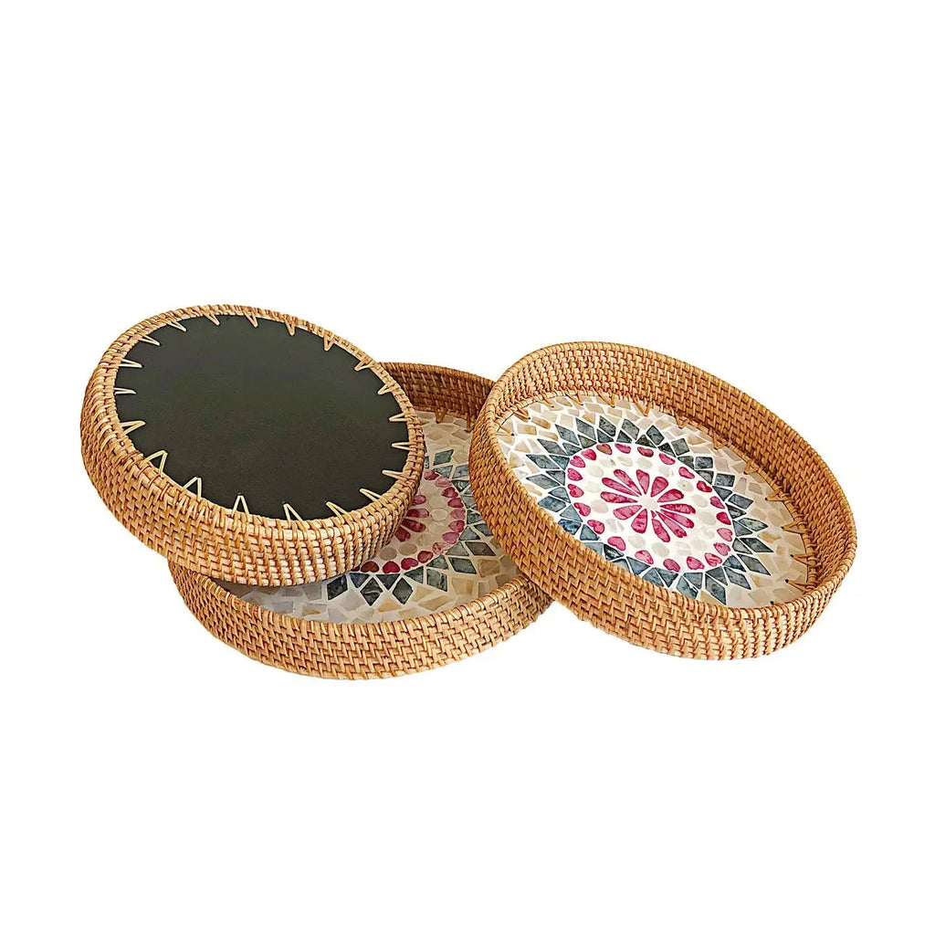 HeMu Colorful Splicing Shell Rattan Storage Basket Set Bread Fruit Food Breakfast Display Box Natural Hand-Woven Tray Roundness