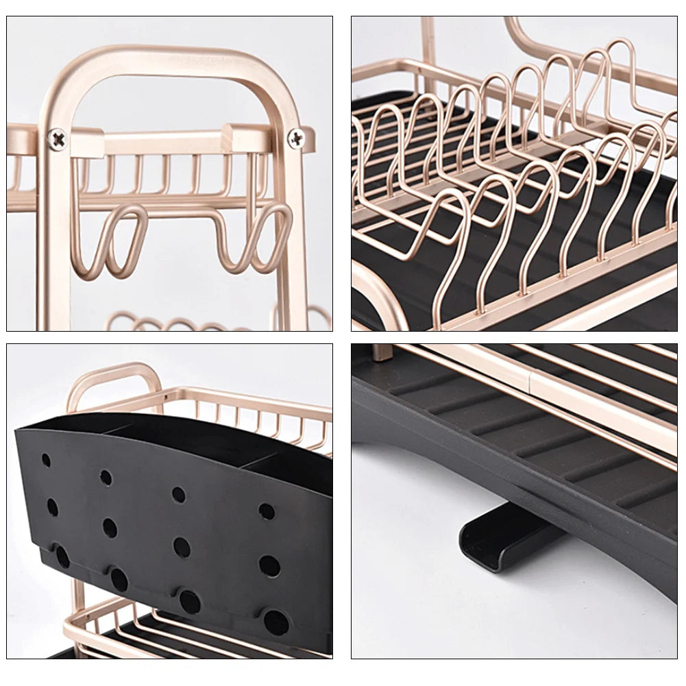 【Breeins】 2 Tier Aluminum Dish Storage Rack with Cutlery Holder Drain Hole